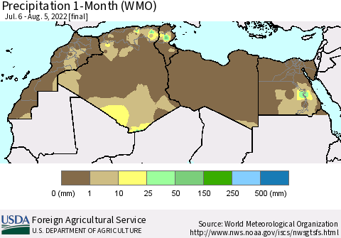 North Africa Precipitation 1-Month (WMO) Thematic Map For 7/6/2022 - 8/5/2022