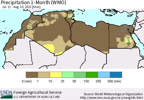 North Africa Precipitation 1-Month (WMO) Thematic Map For 7/11/2022 - 8/10/2022