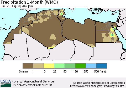 North Africa Precipitation 1-Month (WMO) Thematic Map For 7/21/2022 - 8/20/2022