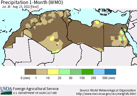 North Africa Precipitation 1-Month (WMO) Thematic Map For 7/26/2022 - 8/25/2022