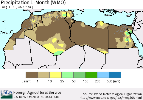 North Africa Precipitation 1-Month (WMO) Thematic Map For 8/1/2022 - 8/31/2022