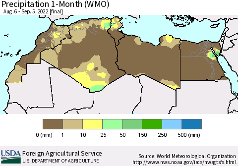 North Africa Precipitation 1-Month (WMO) Thematic Map For 8/6/2022 - 9/5/2022