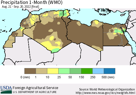 North Africa Precipitation 1-Month (WMO) Thematic Map For 8/21/2022 - 9/20/2022