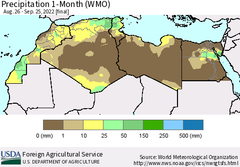 North Africa Precipitation 1-Month (WMO) Thematic Map For 8/26/2022 - 9/25/2022