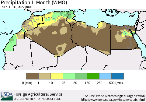 North Africa Precipitation 1-Month (WMO) Thematic Map For 9/1/2022 - 9/30/2022