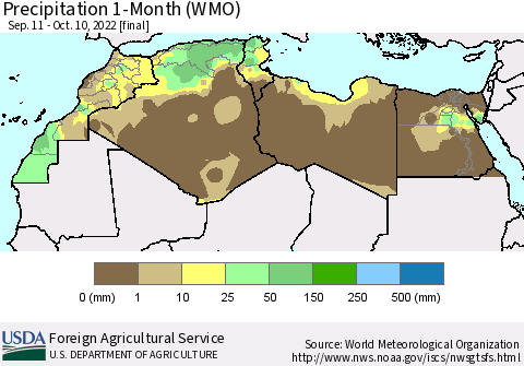 North Africa Precipitation 1-Month (WMO) Thematic Map For 9/11/2022 - 10/10/2022