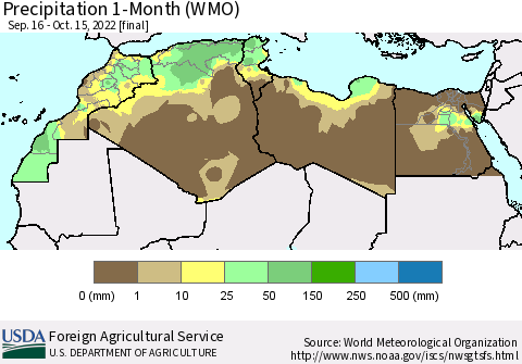 North Africa Precipitation 1-Month (WMO) Thematic Map For 9/16/2022 - 10/15/2022