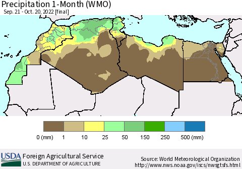 North Africa Precipitation 1-Month (WMO) Thematic Map For 9/21/2022 - 10/20/2022