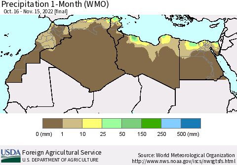 North Africa Precipitation 1-Month (WMO) Thematic Map For 10/16/2022 - 11/15/2022