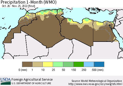North Africa Precipitation 1-Month (WMO) Thematic Map For 10/26/2022 - 11/25/2022
