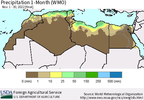 North Africa Precipitation 1-Month (WMO) Thematic Map For 11/1/2022 - 11/30/2022