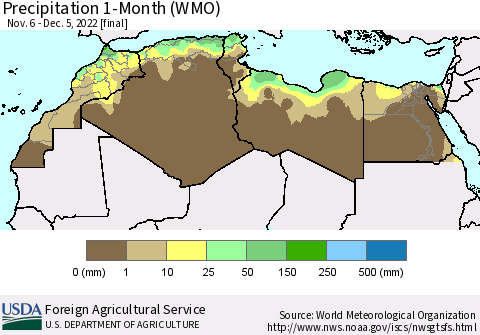 North Africa Precipitation 1-Month (WMO) Thematic Map For 11/6/2022 - 12/5/2022