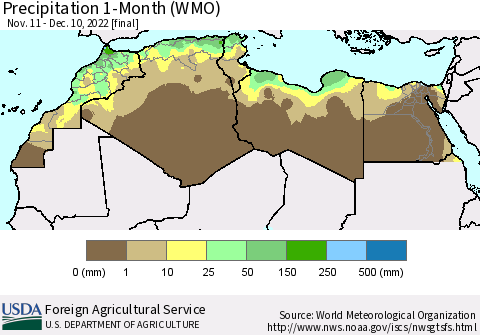 North Africa Precipitation 1-Month (WMO) Thematic Map For 11/11/2022 - 12/10/2022