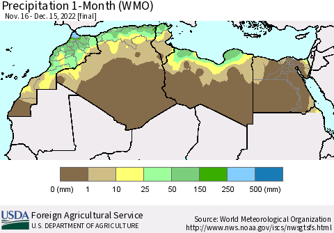 North Africa Precipitation 1-Month (WMO) Thematic Map For 11/16/2022 - 12/15/2022