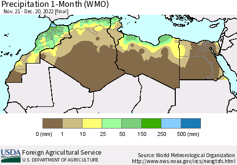 North Africa Precipitation 1-Month (WMO) Thematic Map For 11/21/2022 - 12/20/2022