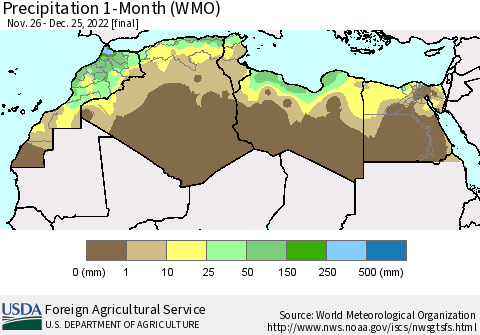 North Africa Precipitation 1-Month (WMO) Thematic Map For 11/26/2022 - 12/25/2022