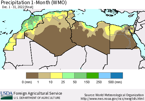North Africa Precipitation 1-Month (WMO) Thematic Map For 12/1/2022 - 12/31/2022
