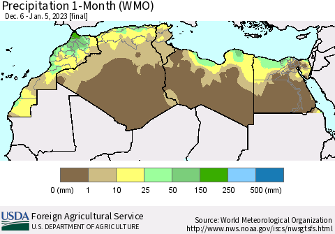 North Africa Precipitation 1-Month (WMO) Thematic Map For 12/6/2022 - 1/5/2023