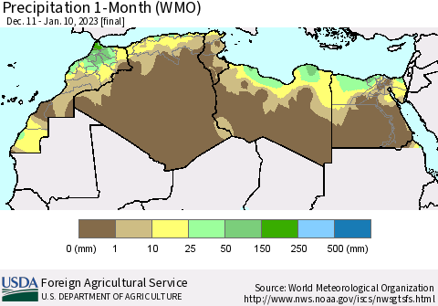 North Africa Precipitation 1-Month (WMO) Thematic Map For 12/11/2022 - 1/10/2023