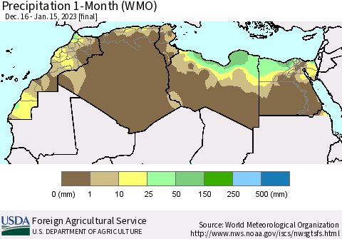North Africa Precipitation 1-Month (WMO) Thematic Map For 12/16/2022 - 1/15/2023