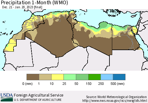 North Africa Precipitation 1-Month (WMO) Thematic Map For 12/21/2022 - 1/20/2023