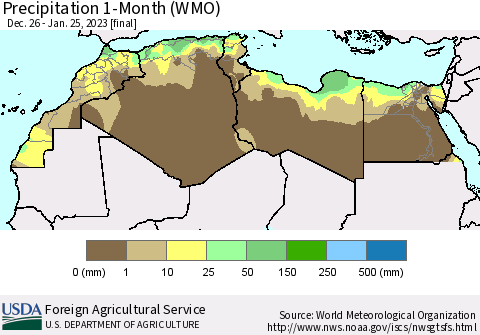 North Africa Precipitation 1-Month (WMO) Thematic Map For 12/26/2022 - 1/25/2023