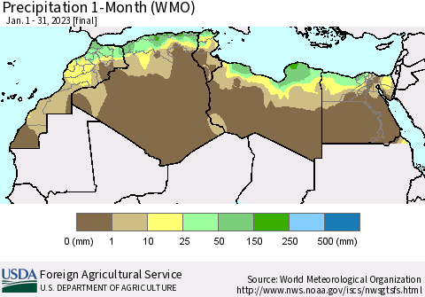 North Africa Precipitation 1-Month (WMO) Thematic Map For 1/1/2023 - 1/31/2023
