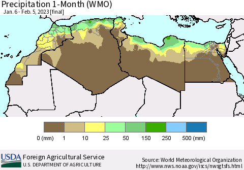 North Africa Precipitation 1-Month (WMO) Thematic Map For 1/6/2023 - 2/5/2023