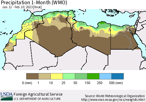 North Africa Precipitation 1-Month (WMO) Thematic Map For 1/11/2023 - 2/10/2023