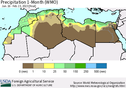 North Africa Precipitation 1-Month (WMO) Thematic Map For 1/16/2023 - 2/15/2023