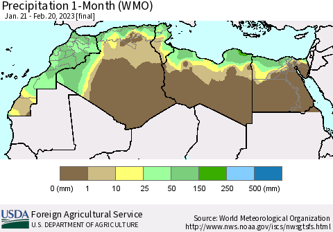 North Africa Precipitation 1-Month (WMO) Thematic Map For 1/21/2023 - 2/20/2023