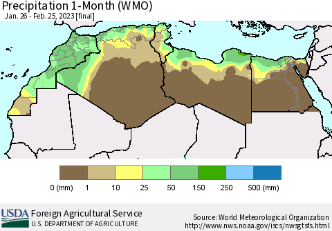 North Africa Precipitation 1-Month (WMO) Thematic Map For 1/26/2023 - 2/25/2023