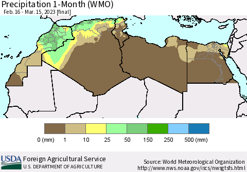North Africa Precipitation 1-Month (WMO) Thematic Map For 2/16/2023 - 3/15/2023