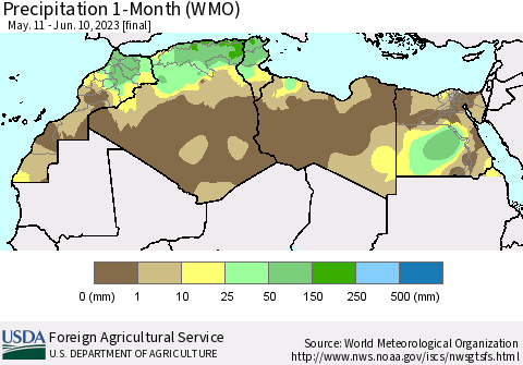 North Africa Precipitation 1-Month (WMO) Thematic Map For 5/11/2023 - 6/10/2023