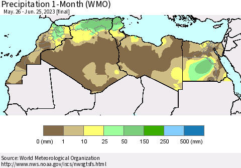 North Africa Precipitation 1-Month (WMO) Thematic Map For 5/26/2023 - 6/25/2023