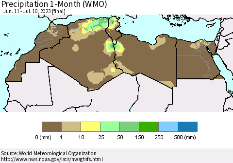 North Africa Precipitation 1-Month (WMO) Thematic Map For 6/11/2023 - 7/10/2023
