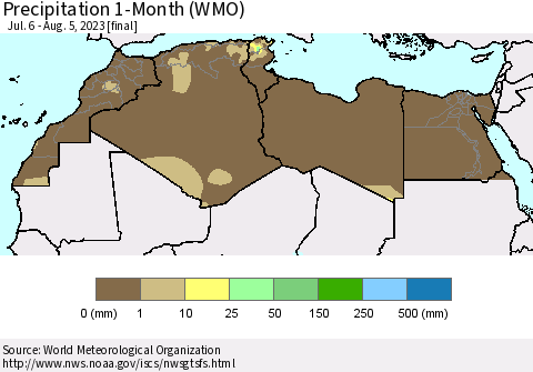 North Africa Precipitation 1-Month (WMO) Thematic Map For 7/6/2023 - 8/5/2023