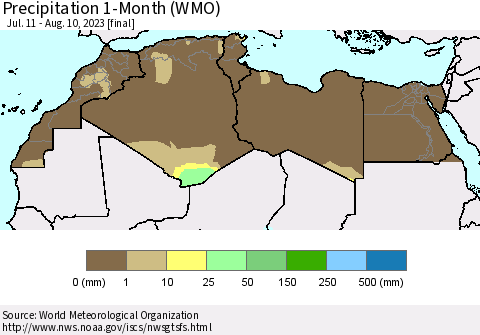 North Africa Precipitation 1-Month (WMO) Thematic Map For 7/11/2023 - 8/10/2023