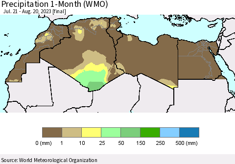 North Africa Precipitation 1-Month (WMO) Thematic Map For 7/21/2023 - 8/20/2023