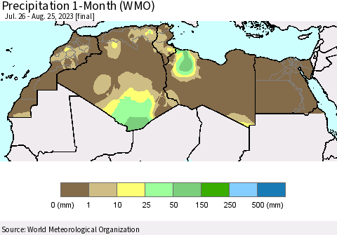 North Africa Precipitation 1-Month (WMO) Thematic Map For 7/26/2023 - 8/25/2023
