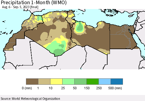 North Africa Precipitation 1-Month (WMO) Thematic Map For 8/6/2023 - 9/5/2023