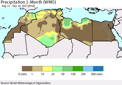 North Africa Precipitation 1-Month (WMO) Thematic Map For 8/11/2023 - 9/10/2023