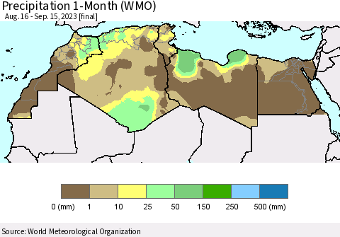 North Africa Precipitation 1-Month (WMO) Thematic Map For 8/16/2023 - 9/15/2023
