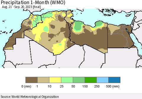 North Africa Precipitation 1-Month (WMO) Thematic Map For 8/21/2023 - 9/20/2023