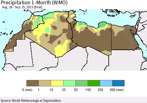 North Africa Precipitation 1-Month (WMO) Thematic Map For 8/26/2023 - 9/25/2023