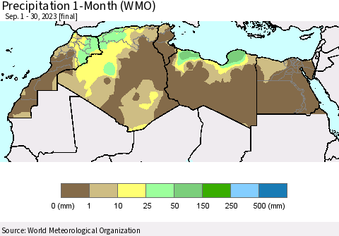 North Africa Precipitation 1-Month (WMO) Thematic Map For 9/1/2023 - 9/30/2023