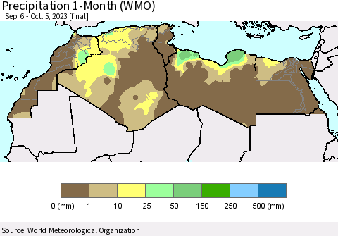 North Africa Precipitation 1-Month (WMO) Thematic Map For 9/6/2023 - 10/5/2023