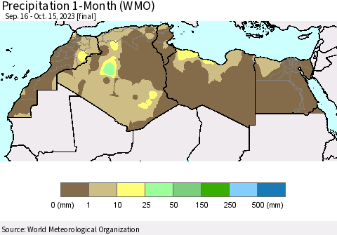 North Africa Precipitation 1-Month (WMO) Thematic Map For 9/16/2023 - 10/15/2023