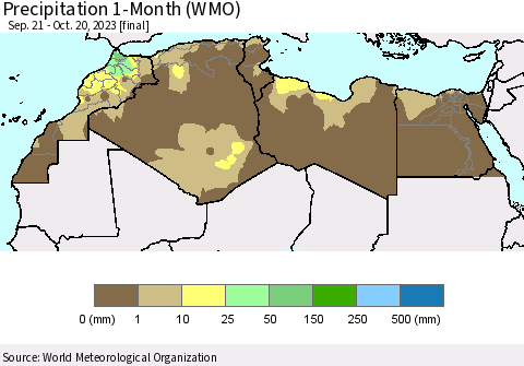 North Africa Precipitation 1-Month (WMO) Thematic Map For 9/21/2023 - 10/20/2023