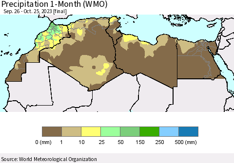 North Africa Precipitation 1-Month (WMO) Thematic Map For 9/26/2023 - 10/25/2023